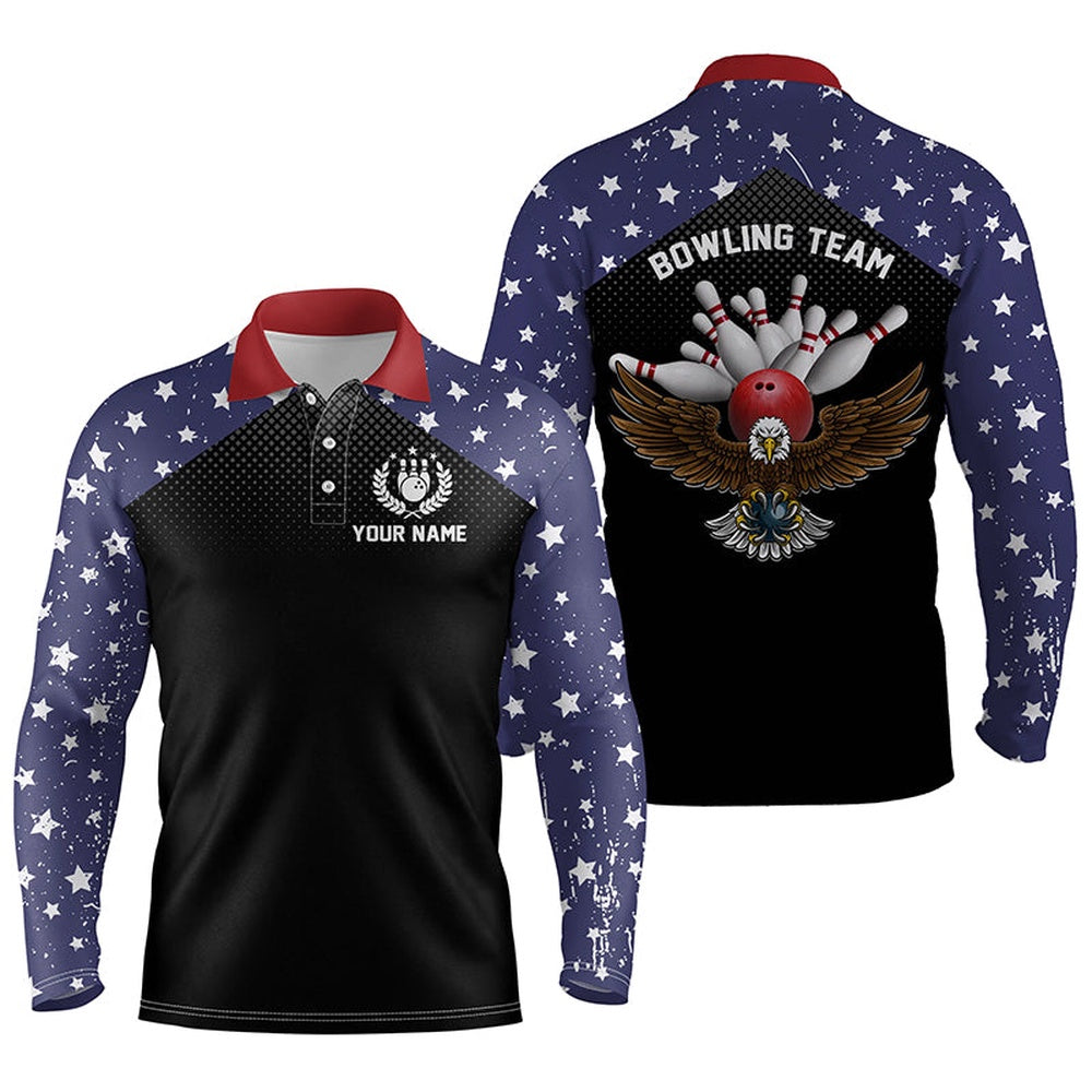 Custom Bowling Polo Shirts, American Flag Patriot Vintage Bowling Polo Shirts Custom Name And Team Name Bowling Team Shirts Jersey