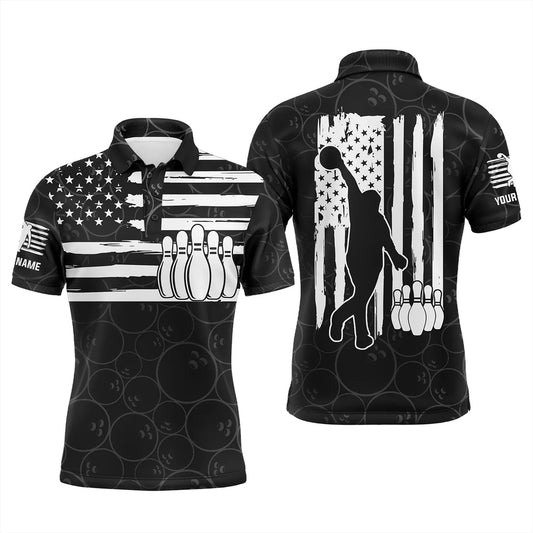 Custom Bowling Polo Shirts, American Flag Patriotic Black Bowling Pattern Custom Bowling Polo Shirts For Men, Team Bowling Jerseys