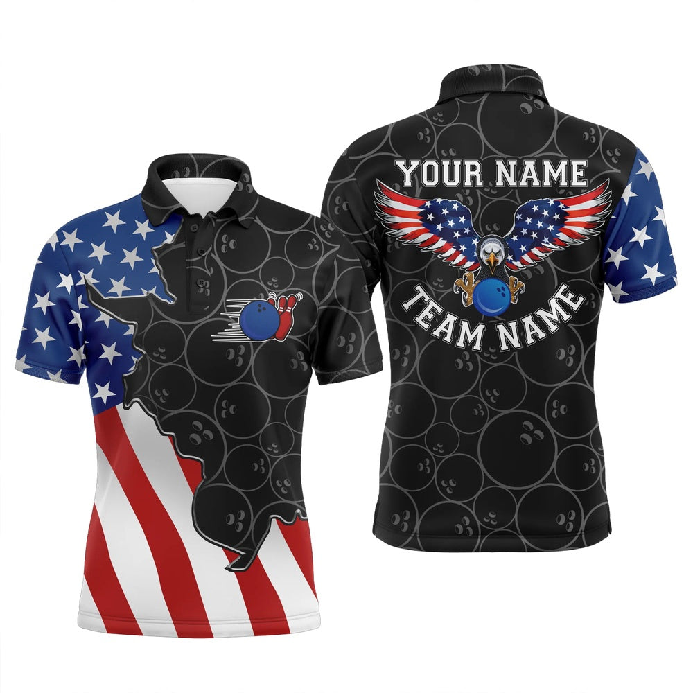 Custom Bowling Polo Shirts, American Flag Patriotic Retro Bowling Polo Shirts For Men Custom Black Pattern Bowling Team Jerseys