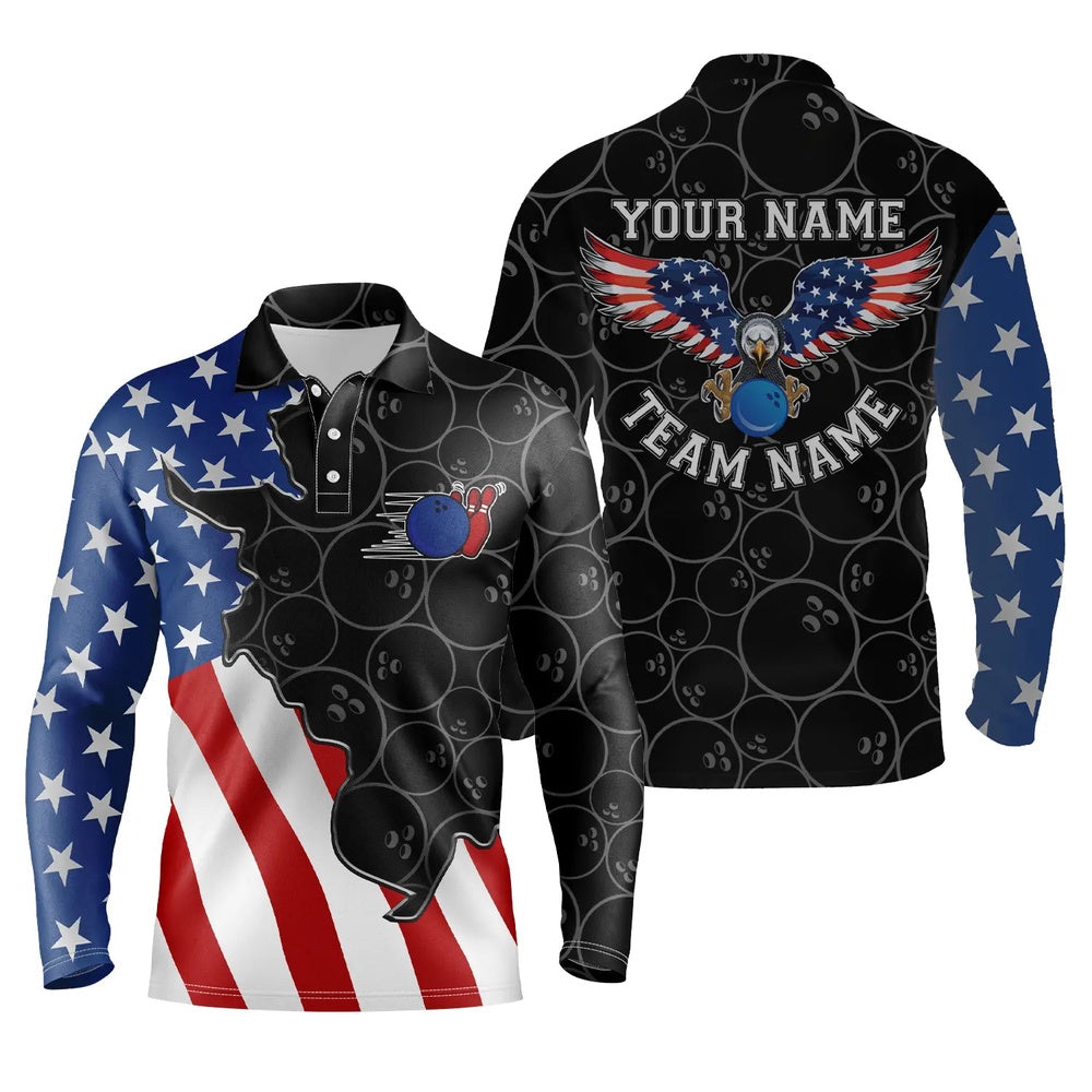 Custom Bowling Polo Shirts, American Flag Patriotic Retro Bowling Polo Shirts For Men Custom Black Pattern Bowling Team Jerseys