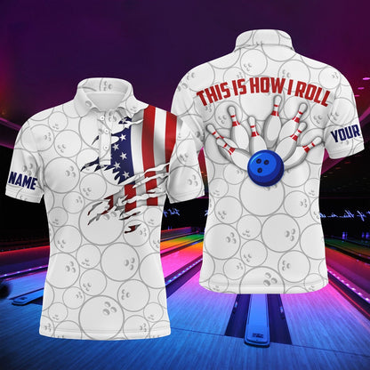 Custom Bowling Polo Shirts, American Flag Polo Bowling Shirt For Men Bowlers, This Is How I Roll Funny Bowling Jersey