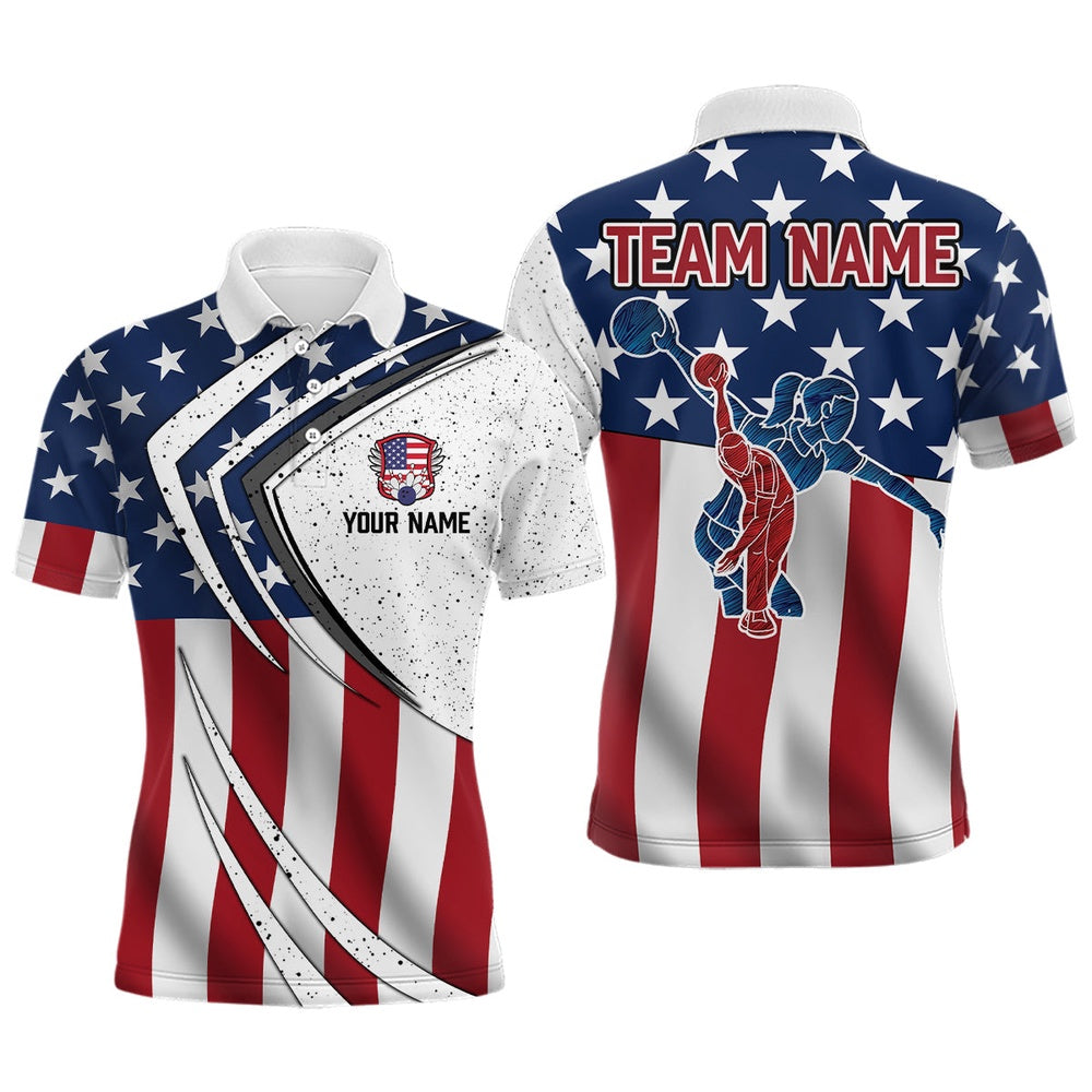 Custom Bowling Polo Shirts, American Flag Retro Bowling Shirts For Men Custom Patriotic Bowling Team League Jerseys Polo Shirts