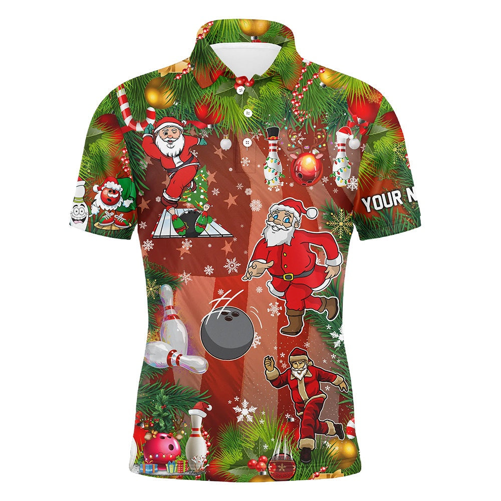 Custom Bowling Polo Shirts, American Flag Santa Christmas Bowling Shirts For Men Team League Jerseys Custom Bowling Polo Shirts