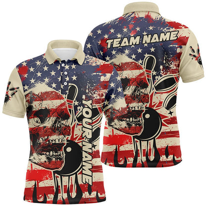 Custom Bowling Polo Shirts, American Flag Skull Bowling Polo Shirt For Men Custom Team Bowling Jerseys For Men, Gift For Bowlers
