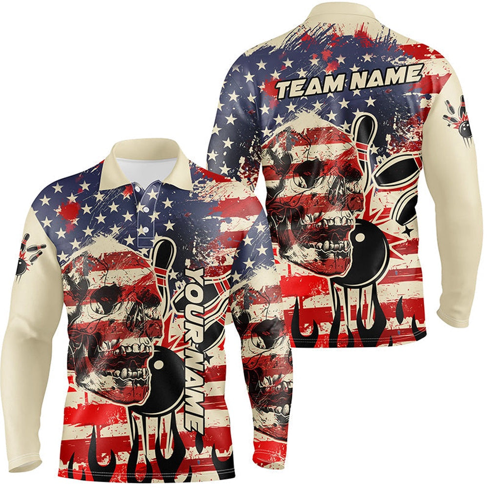 Custom Bowling Polo Shirts, American Flag Skull Bowling Polo Shirt For Men Custom Team Bowling Jerseys For Men, Gift For Bowlers