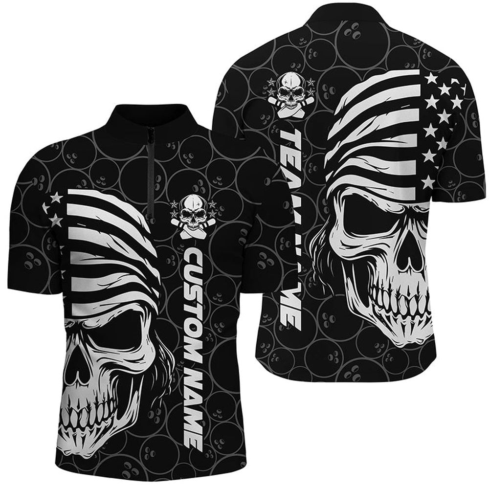 Custom Bowling Polo Shirts, American Flag Skull Custom Bowling Jerseys For Men, Patriotic Bowling Team Shirts