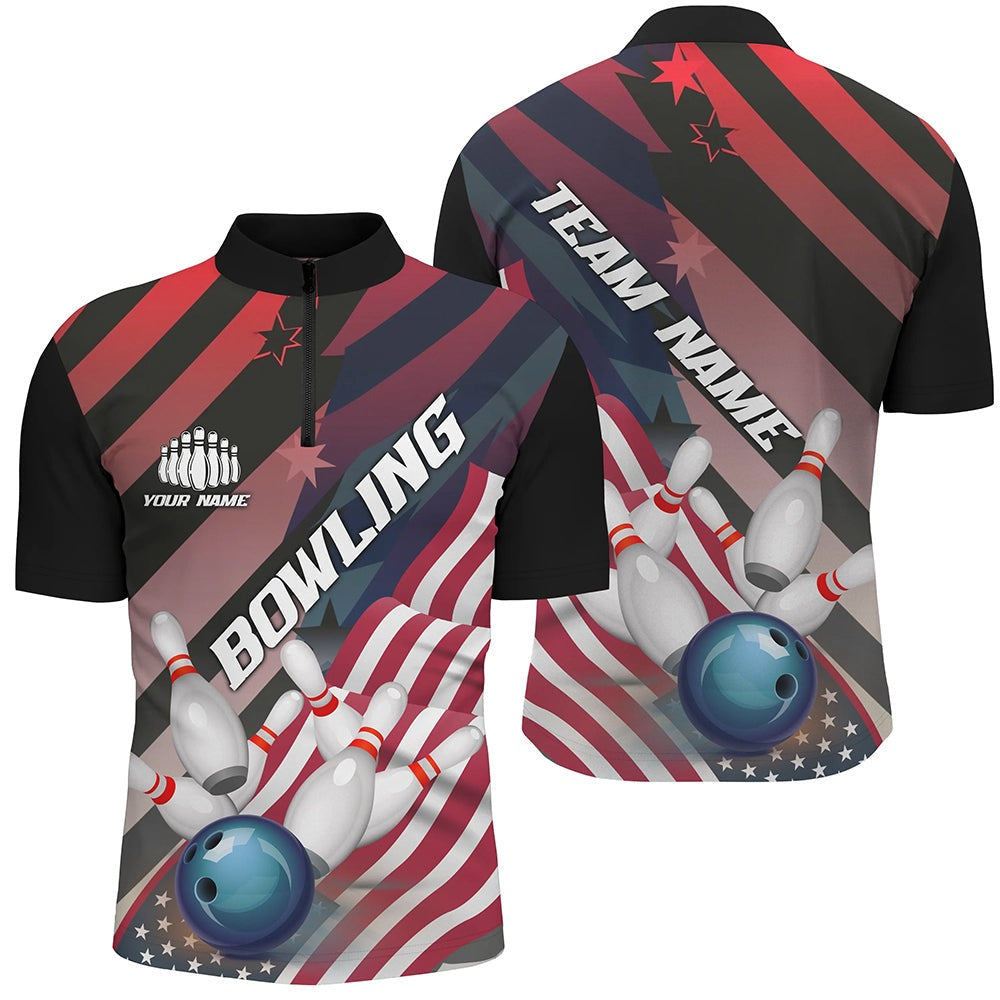 Custom Bowling Polo Shirts, American Flag Strike Bowling Team Shirts For Men And Women, Patriotic Bowling Team Jerseys