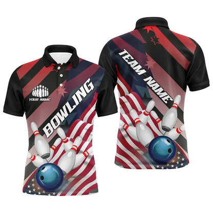 Custom Bowling Polo Shirts, American Flag Strike Bowling Team Shirts For Men And Women, Patriotic Bowling Team Jerseys