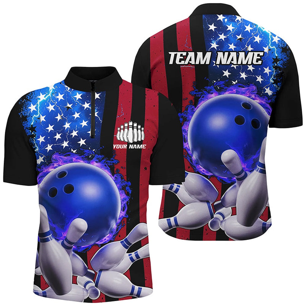 Custom Bowling Polo Shirts, American Flag Thunder Lightning Flame Bowling Ball Custom Men And Women Bowling Team Shirts