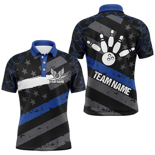 Custom Bowling Polo Shirts, Black American Flag Men Bowling Shirts Custom Bowling Camo Team Jerseys, Gift For Bowlers Blue