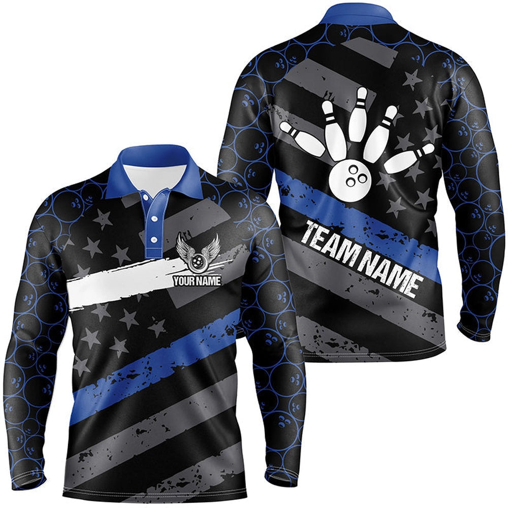 Custom Bowling Polo Shirts, Black American Flag Men Bowling Shirts Custom Bowling Camo Team Jerseys, Gift For Bowlers Blue