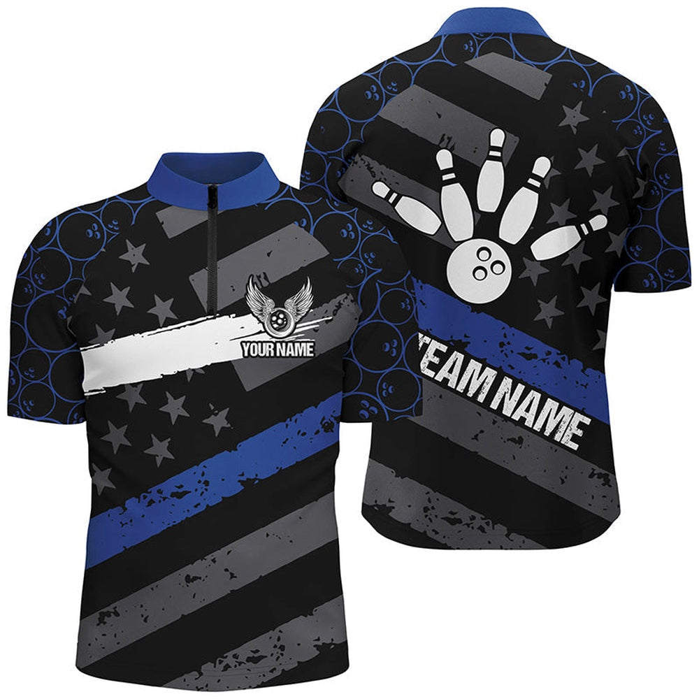 Custom Bowling Polo Shirts, Black American Flag Men Bowling Shirts Custom Bowling Camo Team Jerseys, Gift For Bowlers Blue