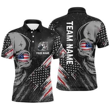 Custom Bowling Polo Shirts, Black American Flag Retro Bowling League Jerseys Custom Skull Men Bowling Polo Shirt, Gifts For Bowler
