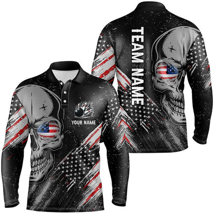 Custom Bowling Polo Shirts, Black American Flag Retro Bowling League Jerseys Custom Skull Men Bowling Polo Shirt, Gifts For Bowler