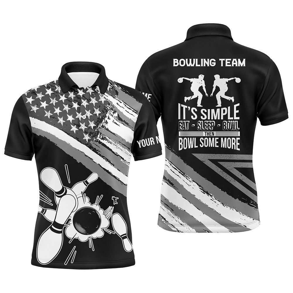 Custom Bowling Polo Shirts, Black American Flag Retro Men'S Bowling Polo Shirt Custom Team Bowling Outfits Eat Sleep Bowl