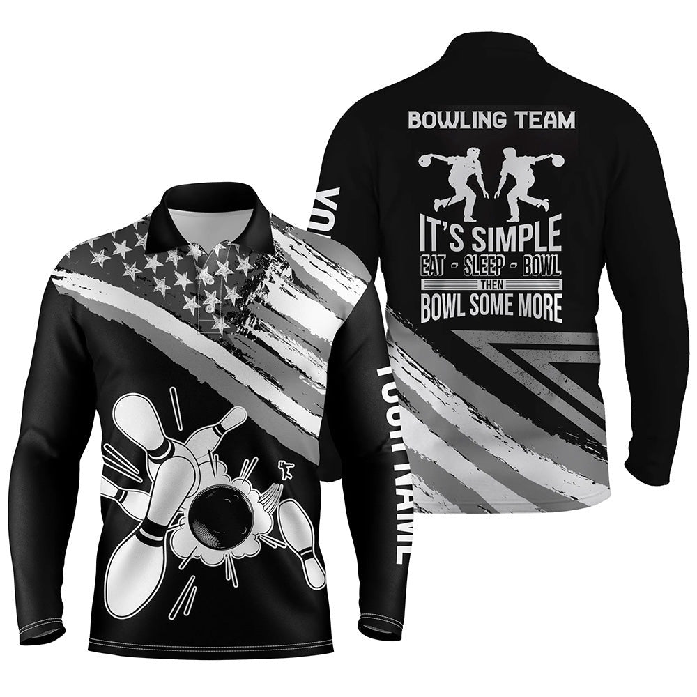 Custom Bowling Polo Shirts, Black American Flag Retro Men'S Bowling Polo Shirt Custom Team Bowling Outfits Eat Sleep Bowl