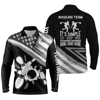 Custom Bowling Polo Shirts, Black American Flag Retro Men'S Bowling Polo Shirt Custom Team Bowling Outfits Eat Sleep Bowl