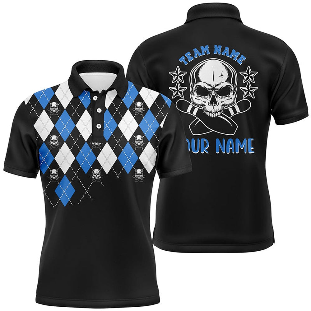 Custom Bowling Polo Shirts, Black And Blue Argyle Pattern Bowling Skull Custom Bowling Polo Shirts For Men, Bowling Jerseys