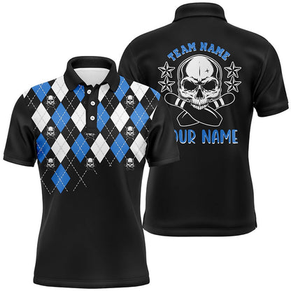 Custom Bowling Polo Shirts, Black And Blue Argyle Pattern Bowling Skull Custom Bowling Polo Shirts For Men, Bowling Jerseys