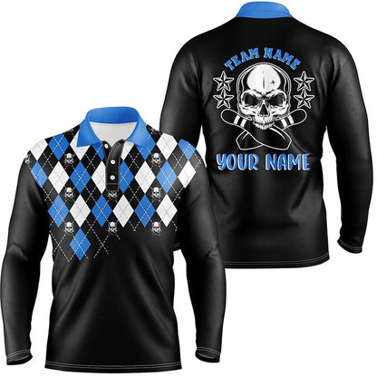 Custom Bowling Polo Shirts, Black And Blue Argyle Pattern Bowling Skull Custom Bowling Polo Shirts For Men, Bowling Jerseys