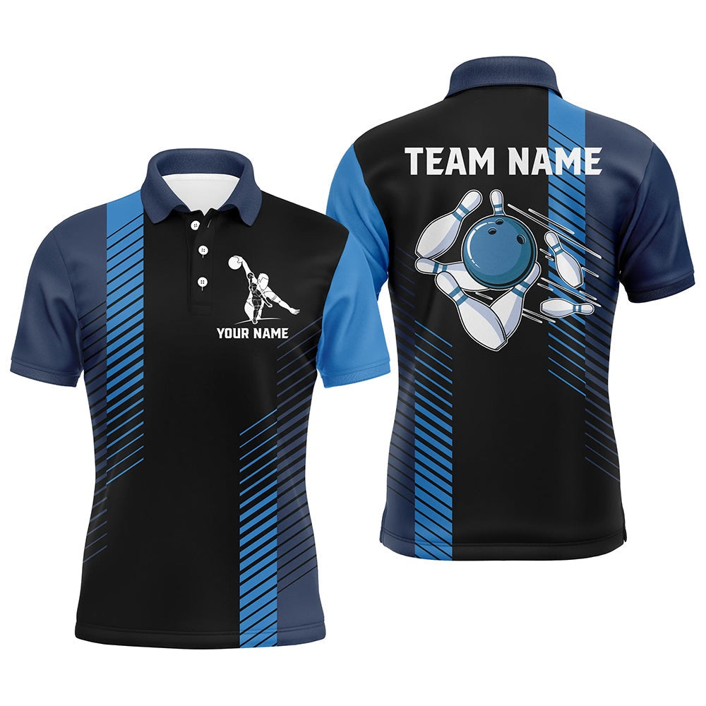 Custom Bowling Polo Shirts, Black And Blue Bowling Shirt For Men Custom Men Bowling Polo Shirts, Team Bowling Jerseys