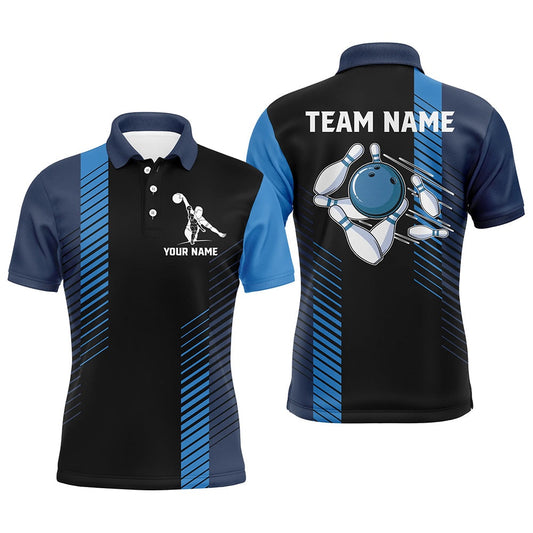 Custom Bowling Polo Shirts, Black And Blue Bowling Shirt For Men Custom Men Bowling Polo Shirts, Team Bowling Jerseys