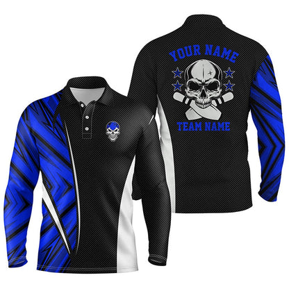 Custom Bowling Polo Shirts, Black And Blue Camo Custom Camo Bowling Polo Shirts For Men, Team Skull Bowling Jerseys