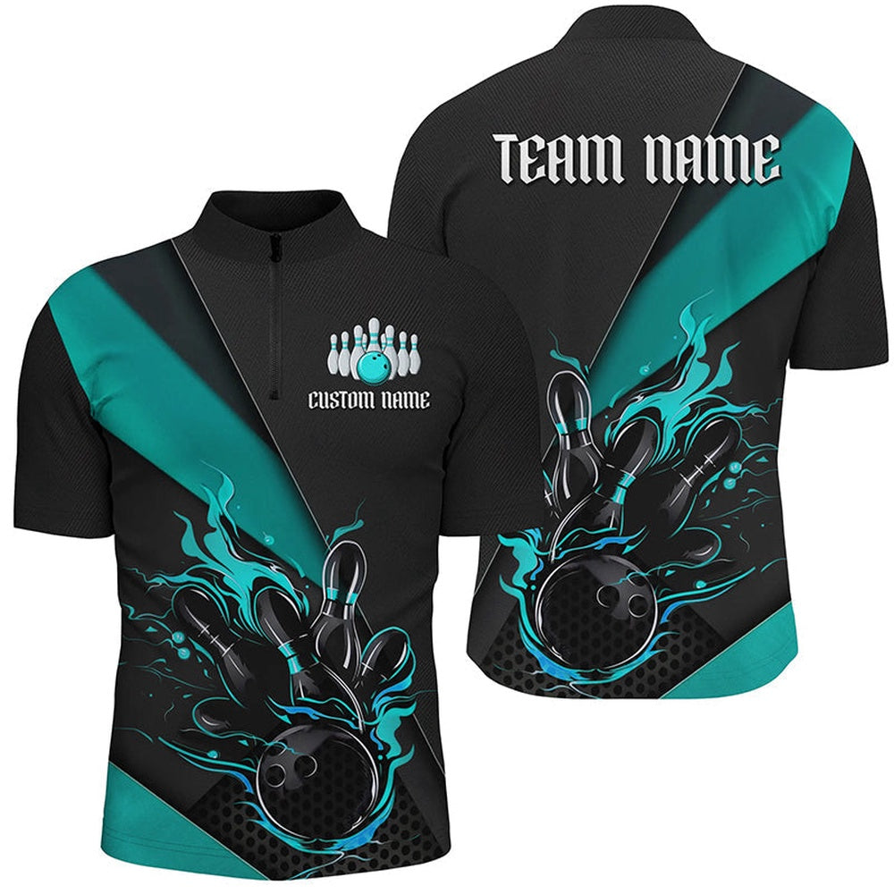 Custom Bowling Polo Shirts, Black And Blue Custom Name Bowling Tournament Jerseys For Men And Women, Bowling Team Shirts