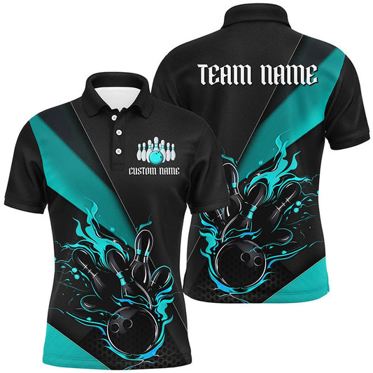Custom Bowling Polo Shirts, Black And Blue Custom Name Bowling Tournament Jerseys For Men And Women, Bowling Team Shirts