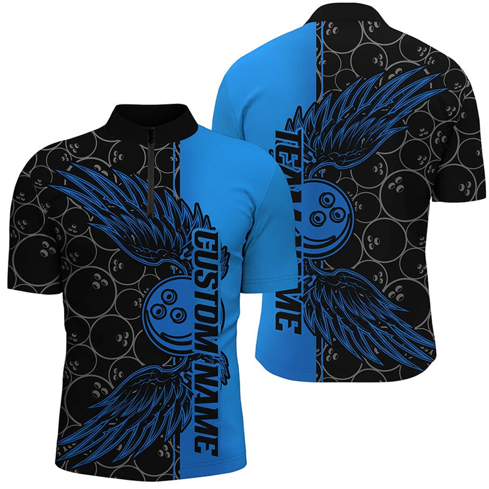 Custom Bowling Polo Shirts, Black And Blue Custom Unisex Bowling Tournament Team Shirts, Bowling Ball And Wings Jerseys