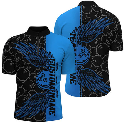 Custom Bowling Polo Shirts, Black And Blue Custom Unisex Bowling Tournament Team Shirts, Bowling Ball And Wings Jerseys