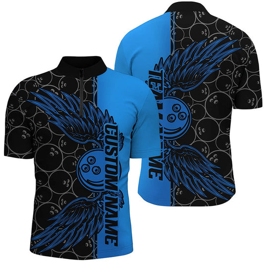 Custom Bowling Polo Shirts, Black And Blue Custom Unisex Bowling Tournament Team Shirts, Bowling Ball And Wings Jerseys