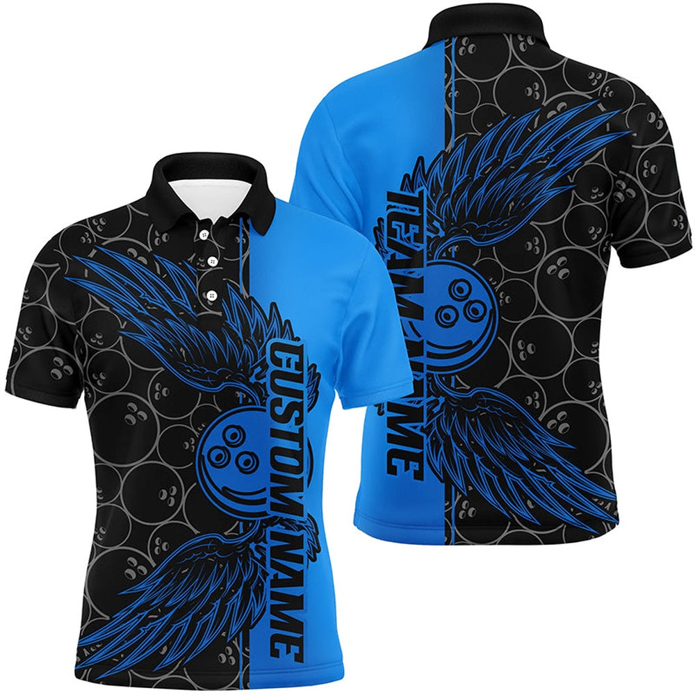 Custom Bowling Polo Shirts, Black And Blue Custom Unisex Bowling Tournament Team Shirts, Bowling Ball And Wings Jerseys