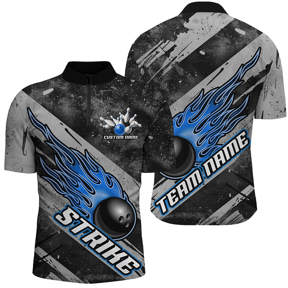 Custom Bowling Polo Shirts, Black And Blue Flame Bowling Ball Custom Team Shirts For Men And Women, Tournament Team Jerseys