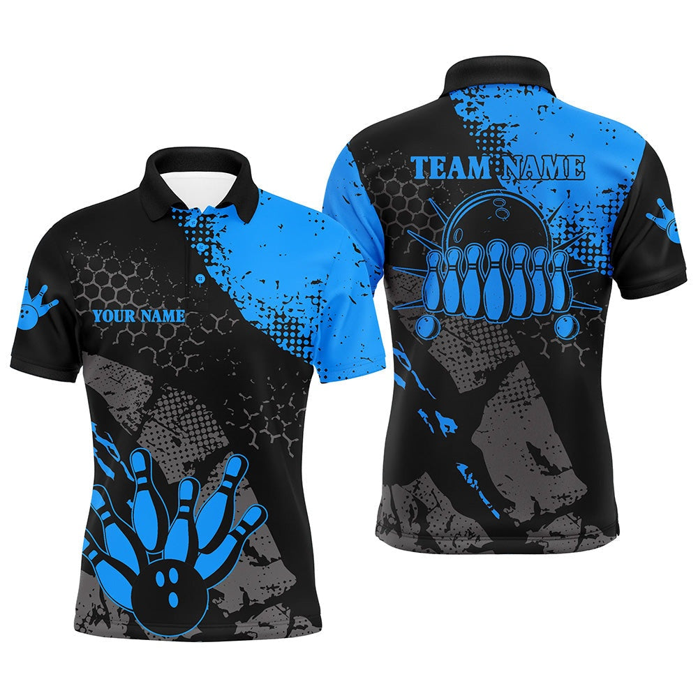 Custom Bowling Polo Shirts, Black And Blue Mens Polo Bowling Shirts Custom Retro Bowling Ball Pins Bowling Team League Jerseys