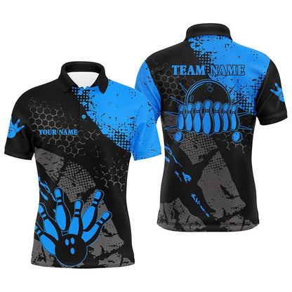 Custom Bowling Polo Shirts, Black And Blue Mens Polo Bowling Shirts Custom Retro Bowling Ball Pins Bowling Team League Jerseys