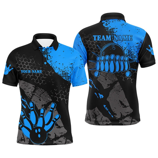 Custom Bowling Polo Shirts, Black And Blue Mens Polo Bowling Shirts Custom Retro Bowling Ball Pins Bowling Team League Jerseys