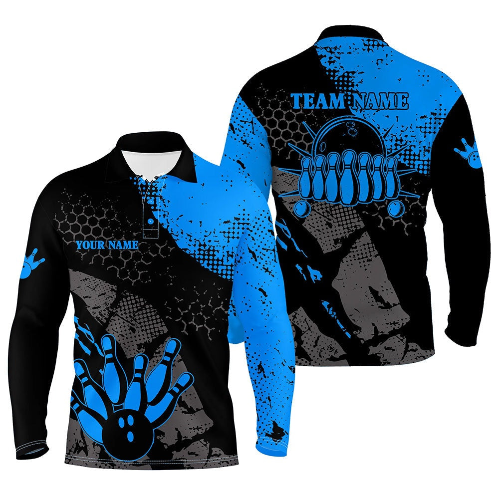 Custom Bowling Polo Shirts, Black And Blue Mens Polo Bowling Shirts Custom Retro Bowling Ball Pins Bowling Team League Jerseys