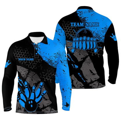 Custom Bowling Polo Shirts, Black And Blue Mens Polo Bowling Shirts Custom Retro Bowling Ball Pins Bowling Team League Jerseys
