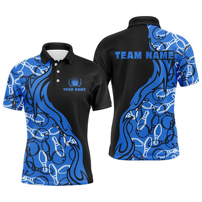 Custom Bowling Polo Shirts, Black And Blue Pattern Bowling Polo Shirts For Men, Custom Team Bowling Jerseys For Men Bowlers