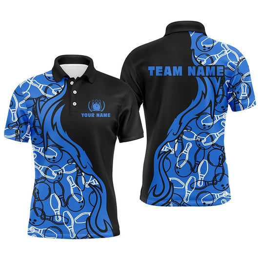 Custom Bowling Polo Shirts, Black And Blue Pattern Bowling Polo Shirts For Men, Custom Team Bowling Jerseys For Men Bowlers