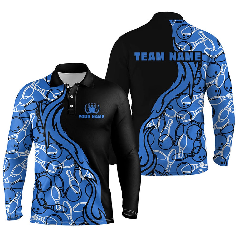 Custom Bowling Polo Shirts, Black And Blue Pattern Bowling Polo Shirts For Men, Custom Team Bowling Jerseys For Men Bowlers