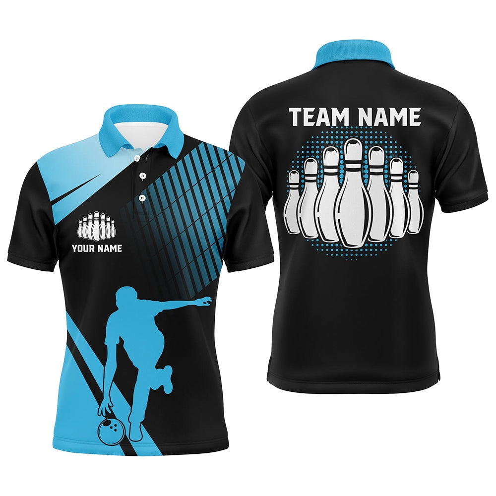 Custom Bowling Polo Shirts, Black And Blue Retro Bowling Polo Shirt For Men Custom Bowling Ball And Pins Team League Jersey