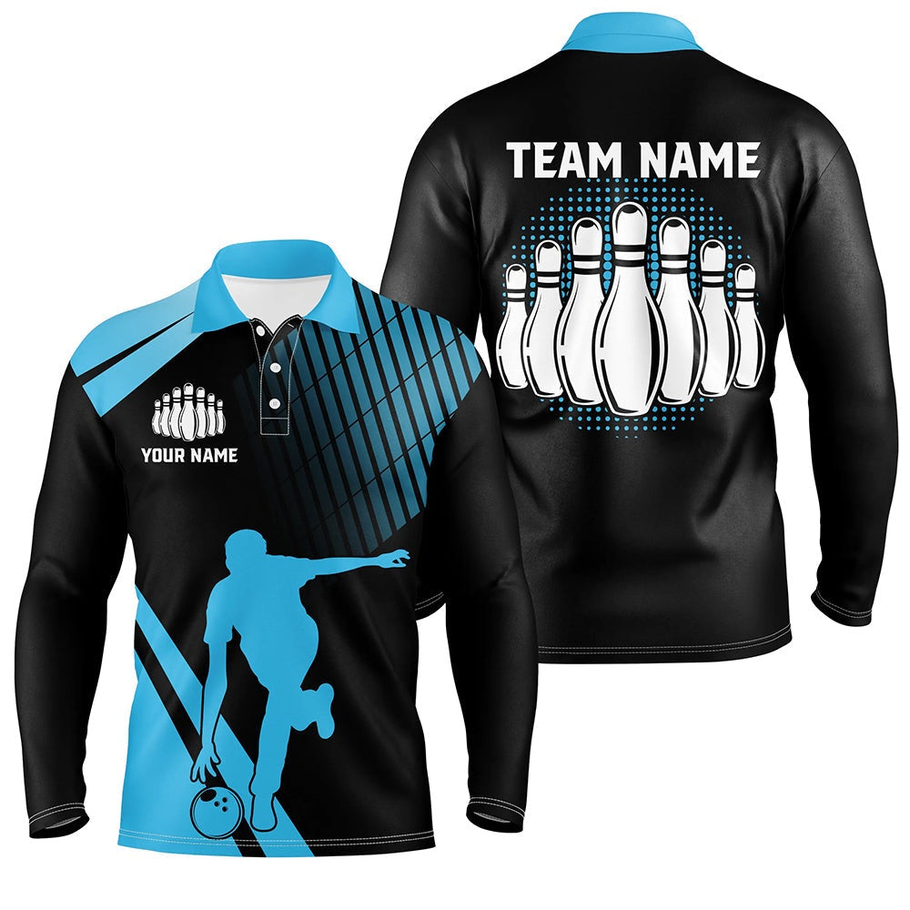 Custom Bowling Polo Shirts, Black And Blue Retro Bowling Polo Shirt For Men Custom Bowling Ball And Pins Team League Jersey