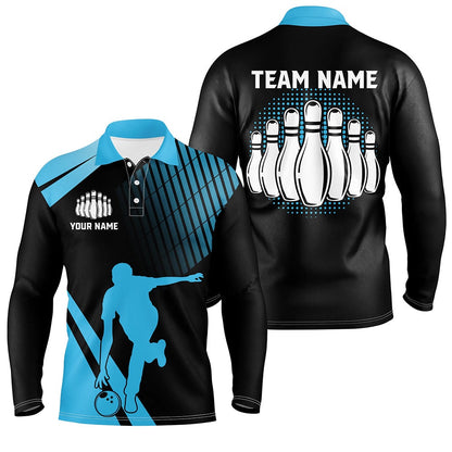 Custom Bowling Polo Shirts, Black And Blue Retro Bowling Polo Shirt For Men Custom Bowling Ball And Pins Team League Jersey