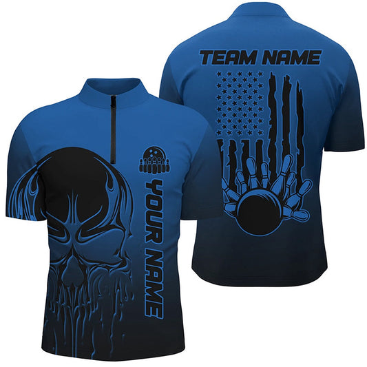 Custom Bowling Polo Shirts, Black And Blue Skull Custom Unisex Bowling Team Shirts, American Flag Patriotic Bowling Outfits