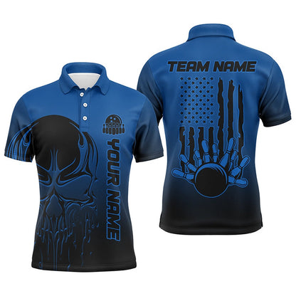 Custom Bowling Polo Shirts, Black And Blue Skull Custom Unisex Bowling Team Shirts, American Flag Patriotic Bowling Outfits