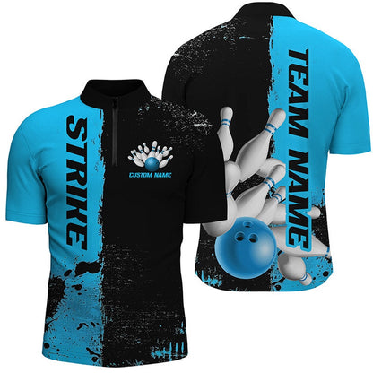 Custom Bowling Polo Shirts, Black And Blue Strike Bowling Team Shirts For Men And Women, Custom Bowling Jerseys For Bowlers