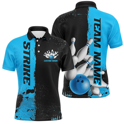 Custom Bowling Polo Shirts, Black And Blue Strike Bowling Team Shirts For Men And Women, Custom Bowling Jerseys For Bowlers