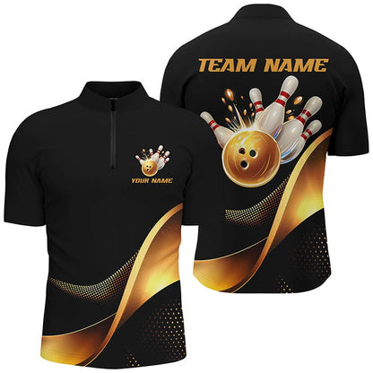 Custom Bowling Polo Shirts, Black And Gold Bowling Ball And Pins Custom Bowling Shirts Bowling Team Tournament Jerseys